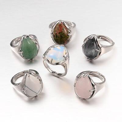 Teardrop Platinum Tone Brass Gemstone Adjustable Wide Band Rings