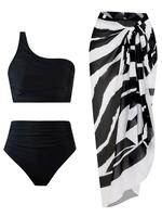 Three-piece Set Women's Ruched Bikini Set, Casual Solid Asymmetrical Hem Swim Bra & Swim Panty & Zebra Stripe Print Cover Up ...
