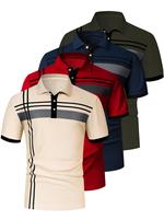 Men's Striped Print Short Sleeve Polo Shirt, Regular Fit Casual Buttons Collared Top for Summer, Polo Shirts Men, Men's Cloth...