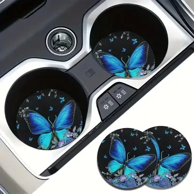 Butterfly Pattern Car Coaster, Round Anti-slip Car Cup Holder Coaster, Absorbent Auto Coaster, Vehicle Accessory for Women, C...