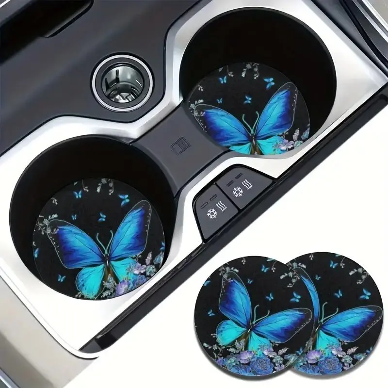 Butterfly Pattern Car Coaster, Round Anti-slip Car Cup Holder Coaster, Absorbent Auto Coaster, Vehicle Accessory for Women, C...
