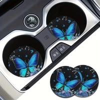 Butterfly Pattern Car Coaster, Round Anti-slip Car Cup Holder Coaster, Absorbent Auto Coaster, Vehicle Accessory for Women, C...