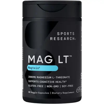 Sports Research Magtein Magnesium L-Threonate Capsules - Gluten and Soy-Free - 2000mg, 90 Capsules for Adults