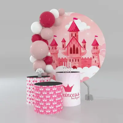 Aperturee Pink Fairy Castle Cloud Round Birthday Backdrop Kit | Birthday Backdrop Ideas | Round Party Backdrop | Circle Birth...