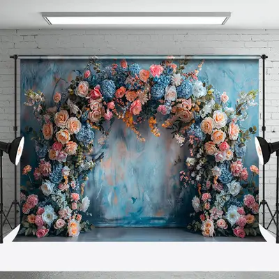 Blue Orange Wall Spring Floral Cake Smash Backdrop