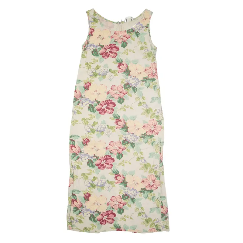 KJ & CO Tank Dress Beige 90s Floral Sleeveless Long Womens UK 12