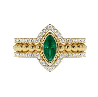 10K Gold Marquise Cut Emerald Ring with Nesting Diamond Bands