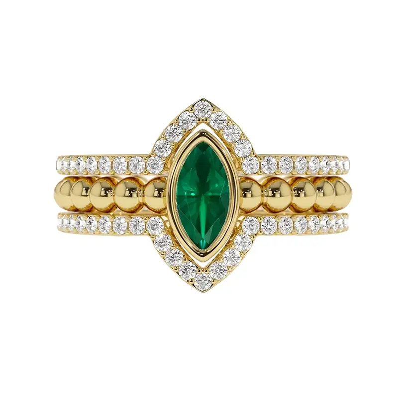 10K Gold Marquise Cut Emerald Ring with Nesting Diamond Bands