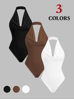 Women's Solid Color Halter Neck Bodysuit, Casual Sleeveless Bodysuit for Daily Wear, Ladies Clothes for All Seasons, Womenswe...