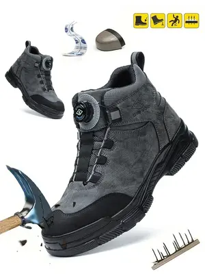 Men's Solid Color Lace-up Free Anti-smashing & Anti-stab Work Shoes, Worker Footwear for Boy, Casual Comfortable Breathable N...