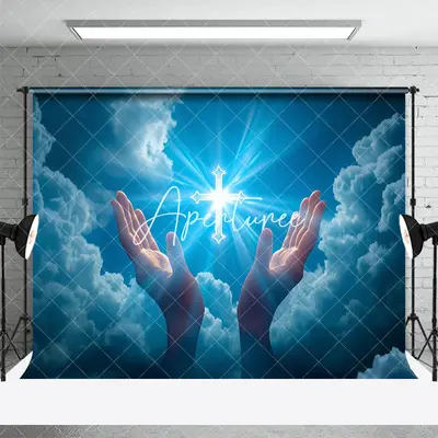 Aperturee Blue Sky Cloud Lighted Cross Hand Easter Backdrop, 3X2FT(1MX0.6M), 14 USD, easter backdrops, DMHD5Y91-M