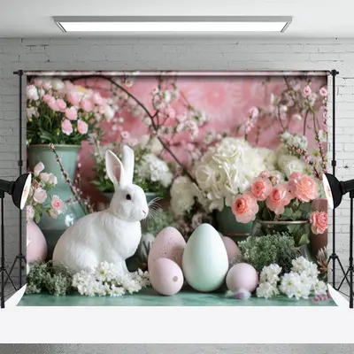 Pink Floral Rabbit Egg Vase Easter Photo Backdrops - Aperturee