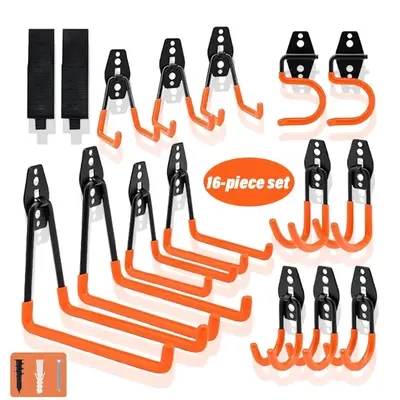 Garage Hooks 16 Pack Heavy Duty Wall Mount Storage Hooks with 2 Extension Cord Straps, Includes Various Sizes for Bicycles an...