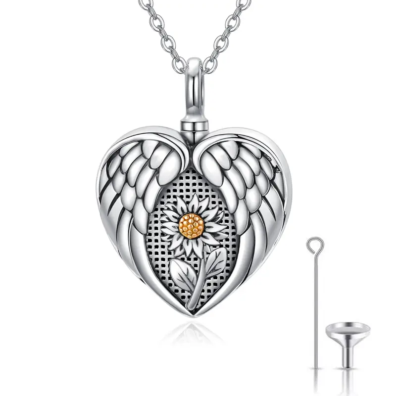 Sterling Silver Two-tone Sunflower & Angel Wing Urn Necklace for Ashes