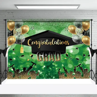 Green Black Gold Balloon Cap Congrats Grad Backdrop - Aperturee