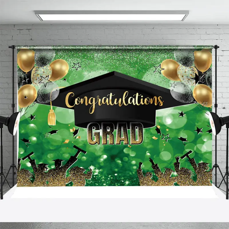 Green Black Gold Balloon Cap Congrats Grad Backdrop - Aperturee