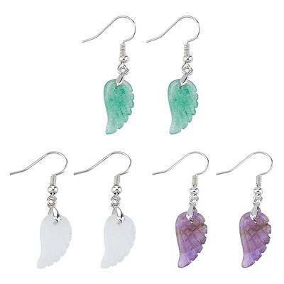 3 Pairs 3 Styles Natural Mixed Gemstone Wings Dangle Earrings with Brass Pins for Women