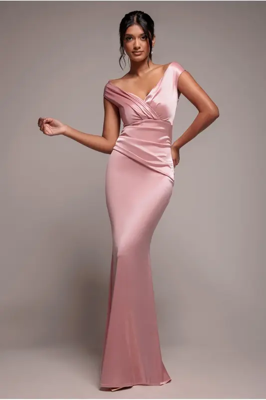 Goddiva Satin Off The Shoulder Maxi Dress - Pink