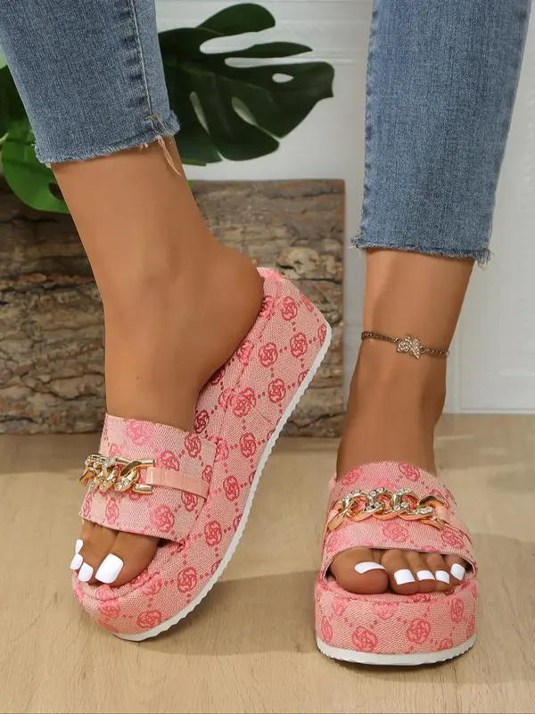 Women's Fashionable Floral Pattern Chain Decor Slippers, Casual Comfortable Platform Slippers for Summer, Female All-match Sl...