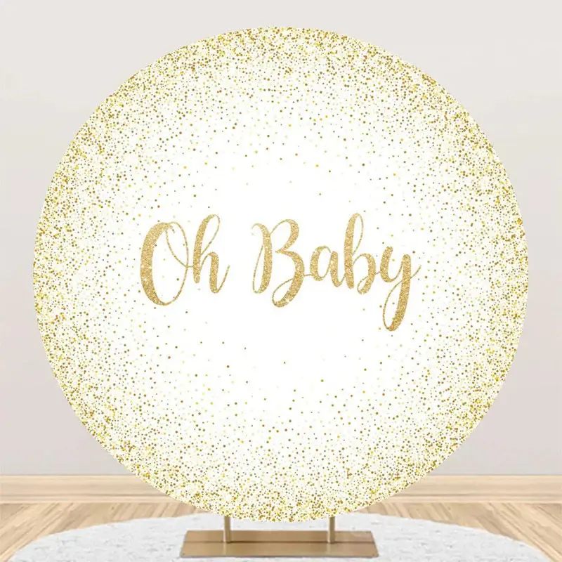 Oh Baby Gold White Round Backdrop For Gender Reveal - Aperturee