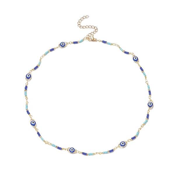 Brass Evil Eye & Glass Beaded Chain Necklace
