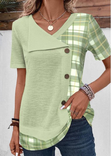 Modlily Light Green Patchwork Plaid Short Sleeve V Neck Blouse - S