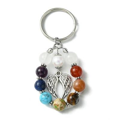 7 Chakra Gemstone Bead Pendant Keychain with Tibetan Style Alloy Charm
