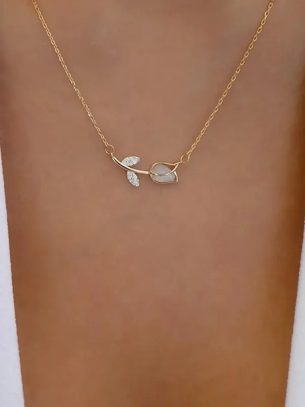 Women's Elegant Rhinestone Decorated Tulip Pendant Necklace, Trendy Flower Shaped Matching Necklace, Fashionable Iced out Jew...