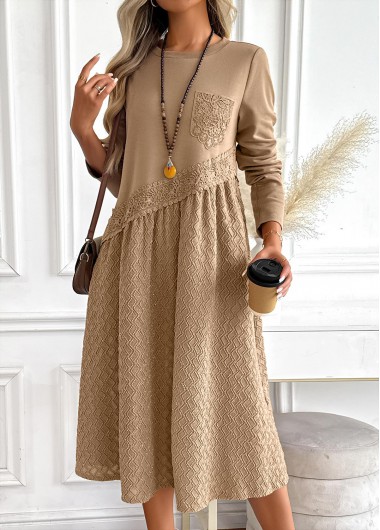 Modlily Dark Camel Tummy Coverage Long Sleeve Round Neck Dress - XL