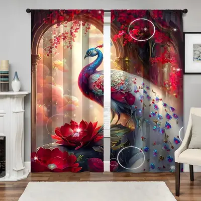 Peacock Pattern Curtain, 2pcs/set Vintage Style Window Curtain for Home Bedroom Living Room Decor