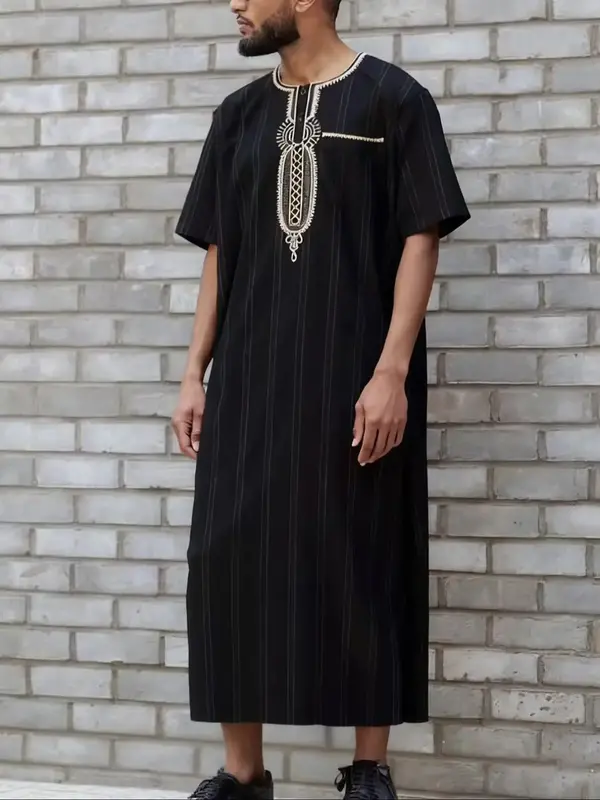 Men's Moroccan Style Striped Long Robe, Loose Fit Round Neck Embroidered Prayer Gown, Islamic Clothing for Praying & Worship