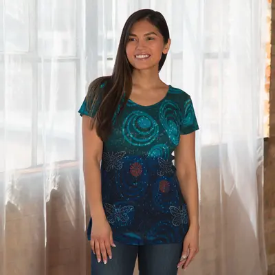 Blue Butterflies Short Sleeve Ribbed Crew Neck Tee - 2X