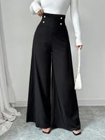 Women's Solid Color Button Decor Wide Leg Pants, Casual Comfy Trousers for Spring, Women's Bottoms for Daily Wear, Slouchy Pa...