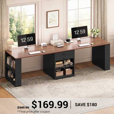 SEDETA 90.5 Inch Two Person Computer Desk Long Office Desk with Storage Drawers Two Person Writing Desk with Shelves for Home...