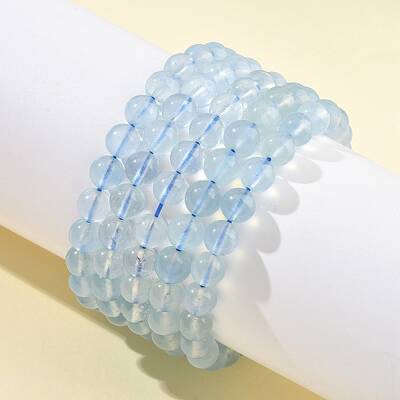 Natural Aquamarine Round Bead Stretch Bracelets for Men Women
