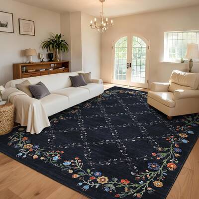 Garvee Floral Black 8x10 Washable Area Rugs for Living Room: Modern Floral Non Slip Large Area Rugs for Bedroom, Large Machin...
