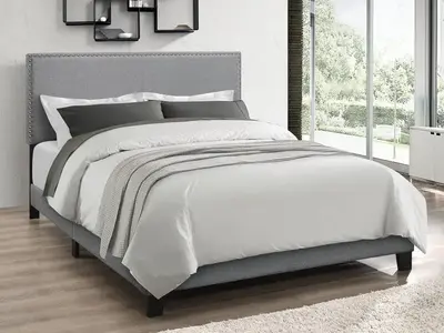 Favorer Ace Upholstered Panel Bed with Nailhead Trim in Gray - Available in Twin, Full, Queen, King Sizes