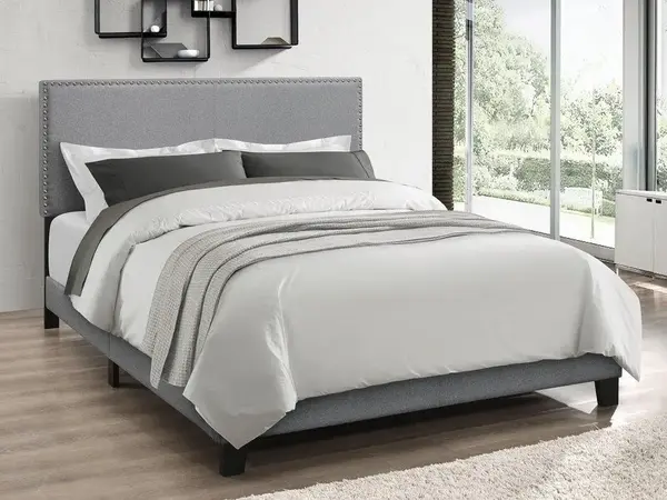 Favorer Ace Upholstered Panel Bed with Nailhead Trim in Gray - Available in Twin, Full, Queen, King Sizes