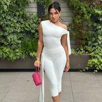 Solid Slanted Neck Lacing Design Sleeveless Top & High Waist Cropped Pants Two-Piece Set Women 2025 Summer New Casual Sexy wi...