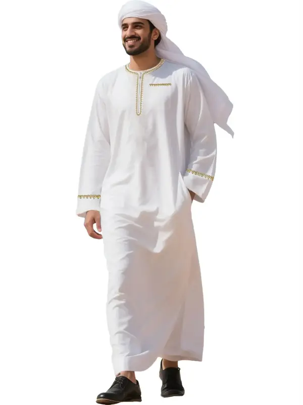 Men's Solid Color Half Zip Up Thobe, Loose Casual Comfy Long Sleeve Robe for Summer, Men's Islamic Clothing for Daily Wear