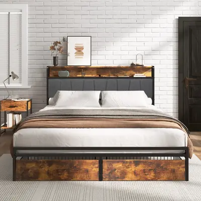 Soges Upholstered Bed Frame with Multifunctional Headboard：Integrated Storage, Charging Station, RGB LED Lights -Apartment ...