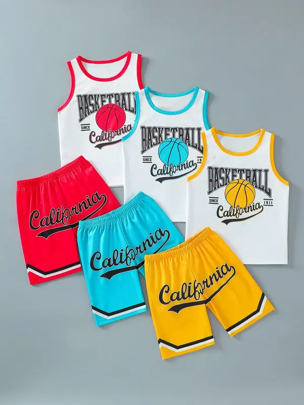 Boy's Basketball Letter Print Tank Top & Shorts Set, Casual Sleeveless Round Neck Top & Shorts, Kids Summer Clothes for Daily...