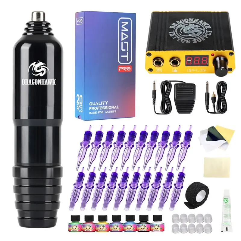 Dragonhawk M4 Rotary Tattoo Machine Pen Cartridges Complete Accessories Starter Kit