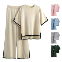 Ommig Sweater Sets Women 2 Piece Lounge Sets Short Sleeve Knit Pullover Tops Wide Leg Pants