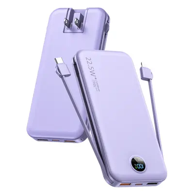 Portable Charger with Built-in Cables and AC Wall Plug, 12000mAh Ultra Slim Power Bank with LED Display, Fast Charging Batter...