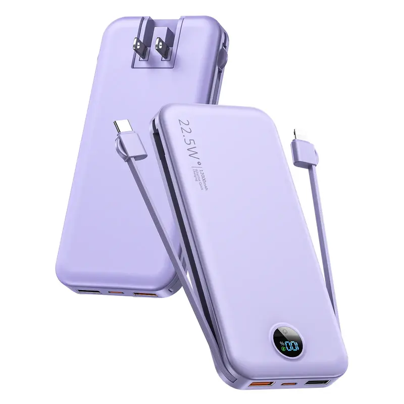 Portable Charger with Built-in Cables and AC Wall Plug, 12000mAh Ultra Slim Power Bank with LED Display, Fast Charging Batter...