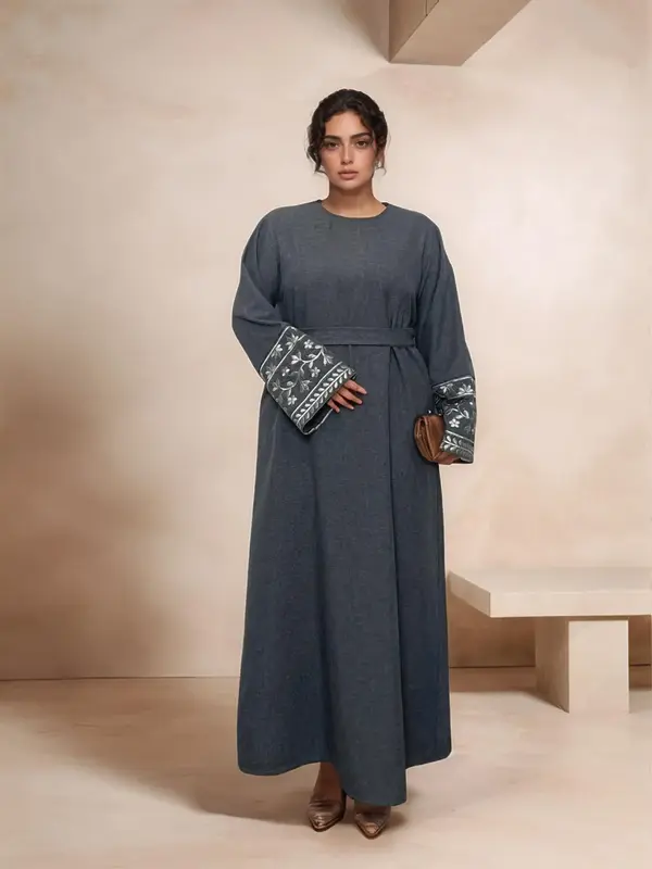 Women's Ethnic Pattern Floral Embroidery Long Sleeve Dress, Casual Round Neck Zipper Dress for Daily Wear, Ladies Islamic Clo...