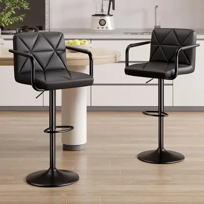 Black Friday Specials-Set of 2 Barstools, Adjustable Height 25.5-34.5 IN with Back & Arms, Swivel PU Leather Upholstered Coun...