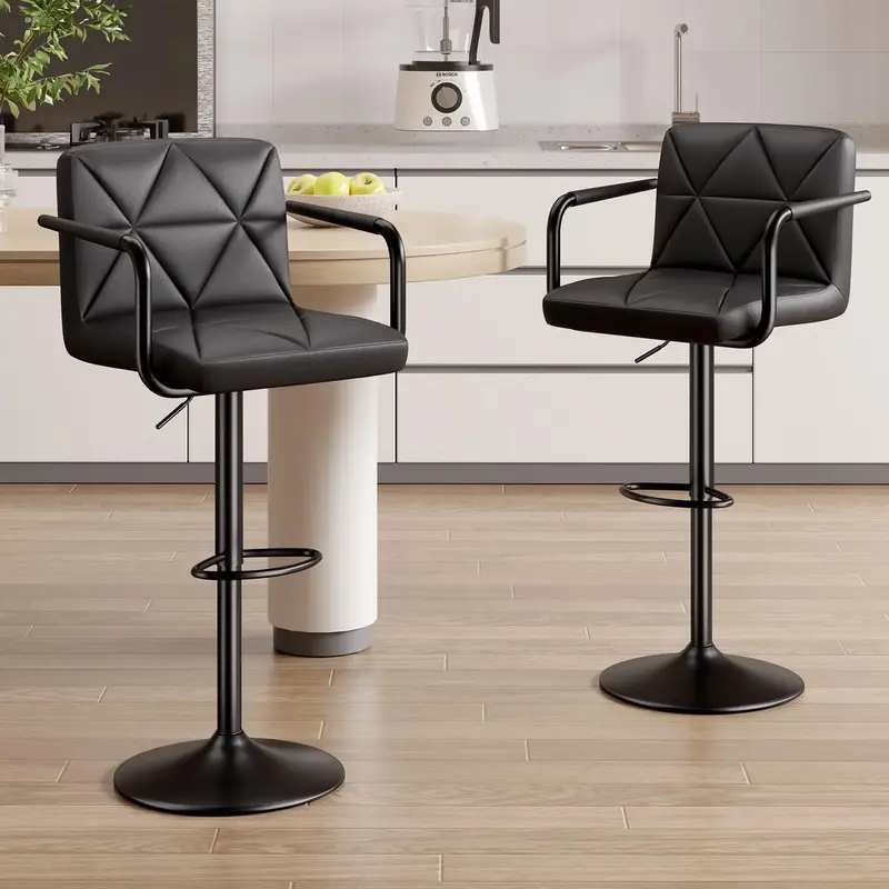 Black Friday Specials-Set of 2 Barstools, Adjustable Height 25.5-34.5 IN with Back & Arms, Swivel PU Leather Upholstered Coun...