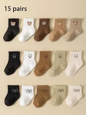 Baby Cartoon Bear & Smile Face Pattern Calf Socks, Casual Soft Comfy Breathable Socks for Newborn Baby Boys & Girls, Kid's So...